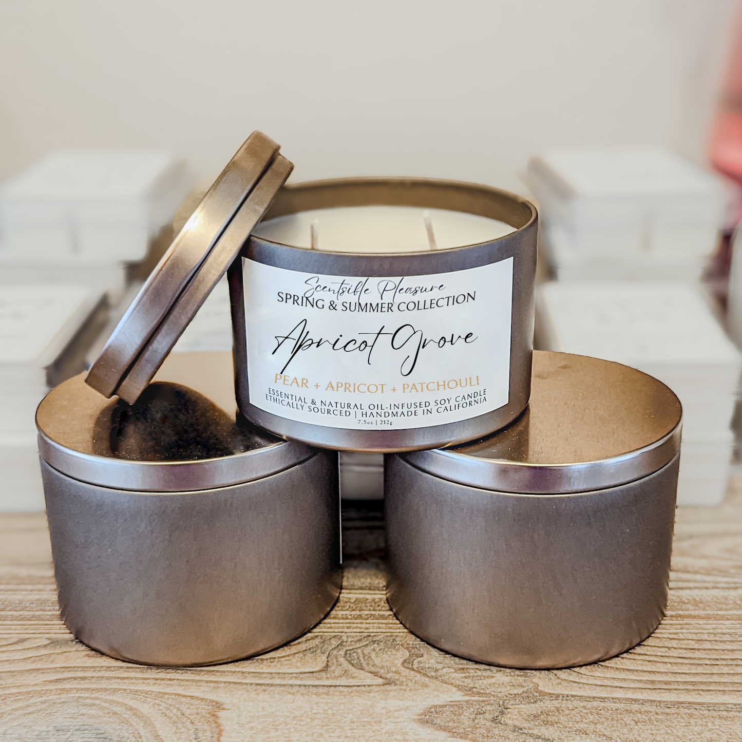 Apricot Grove, Scents of Pear, Apricot, and Patchouli, 7.5 ounce tin; Spring and Summer Apricot Grove Scented Candle, made with soy wax, with scent notes of Pear, Apricot, and Patchouli