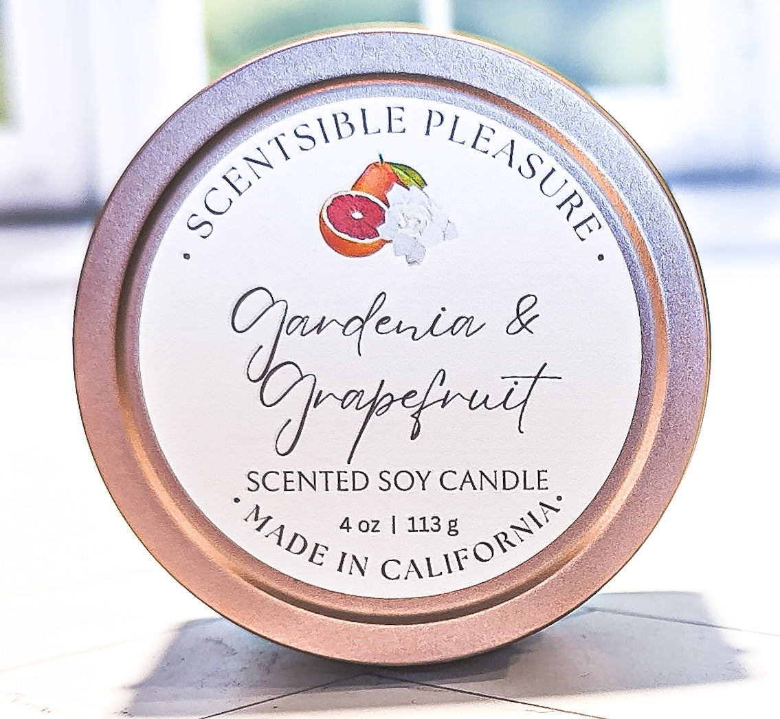 Gardenia & Grapefruit Scented Soy Candle, 4oz Tin